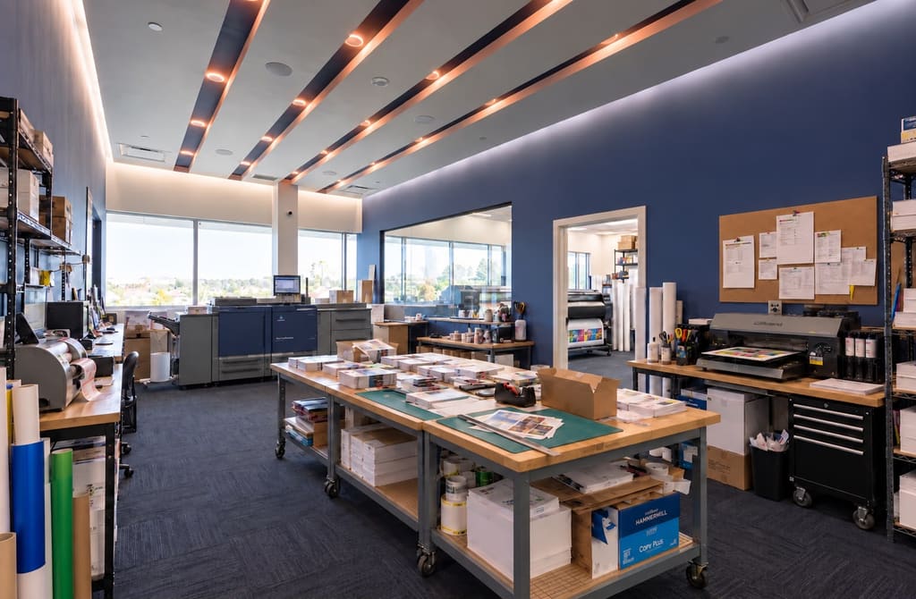 Inside the Mediatel print shop: production printers, a large-format printer, and finishing tables stocked with print jobs.